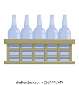 Cinco botellas de vidrio llenas de líquido claro están sentadas dentro de una caja de madera