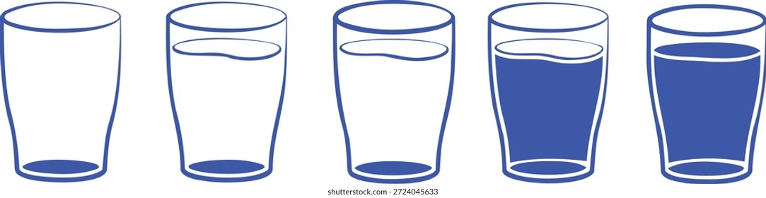 Cinco vasos que muestran los niveles de líquido de vacío a lleno