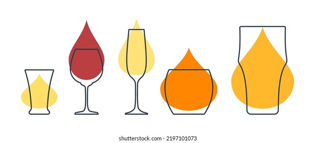 Five glasses with tequila, red wine, champagne whiskey and beer. Glass drinks. Alcohol beverage for restaurant, bar. Symbol party. Different drinks. Isolated flat illustration on white background.
