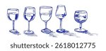 Five glasses varying in shape and size are filled with water and wine, sketched in an odd, whimsical style featuring linear details that evoke a Mediterranean vibe.