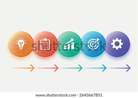 Five glossy circles with business process icons and gradient directional arrows