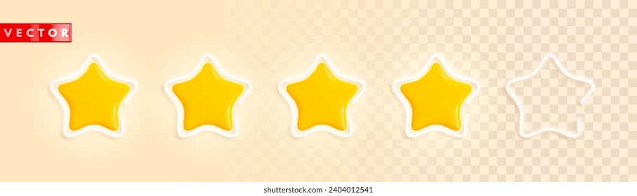 Five glossy golden 3d stars with white neon frames in realistic style. Symbol design for game, ui, feedback, website. Rating concept. Yellow plastic stars on a light background. Vector illustration