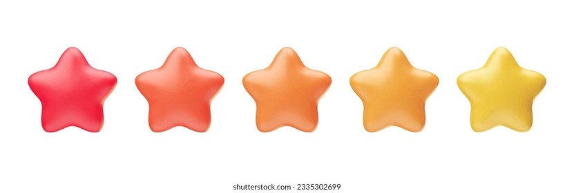 Five glossy metallic yellow, orange and red colors stars 3d realistic style. Customer rating feedback, game achievement, best excellent service vector illustration isolated on white background