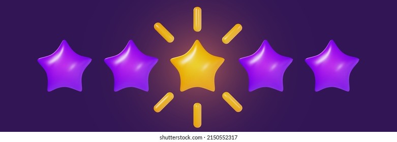 Five glossy star with yellow sunburst isolated on violet background. Realistic sweet 3d design element for quality rating. Cartoon colorful clay, plastic or soft toy. Beautiful vector illustration.