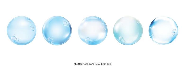 Five glossy, transparent bubbles with light reflections. Each bubble has a unique pattern, creating a delicate, airy feel. Bubbles in a row, floating and shining. Element vector collection.