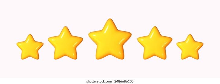 Five glossy yellow stars. Representing customer rating and feedback about a website's employee. Realistic 3D design, suitable for mobile applications.