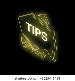 Five glowing yellow stars underlining the word tips written in white inside a neon yellow speech bubble on a black background