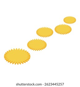 Cinco moedas de ouro formando etapas ascendentes, simbolizando o crescimento financeiro e o sucesso