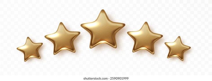 Five gold metallic stars for customer rating and feedback about a website's employee. Realistic 3D vector isolated