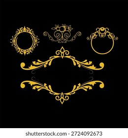 Five gold ornate frames on a black background, decorative elements, elegant design, vintage style, luxury, and sophistication.