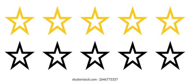 Five gold outline stars above five black outline stars isolated on white background