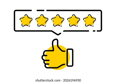 Five gold star rating. Satisfaction Rating and Leaving Positive Review. Online feedback reputation quality customer review. Review and rate us stars, business concept for apps and websites. Rate us