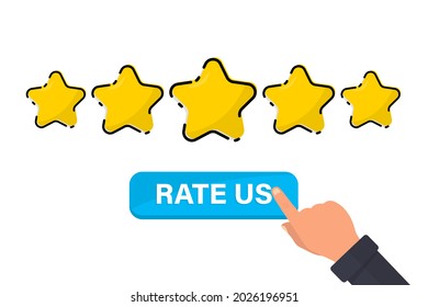 Five gold star rating. Satisfaction Rating and Leaving Positive Review. Online feedback reputation quality customer review. Review and rate us stars, business concept for apps and websites. Rate us