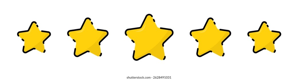 Five gold star rating. Satisfaction Rating and Leaving Positive Review. Online feedback reputation quality customer review. Review and rate us stars, business concept for apps and websites. Rate us