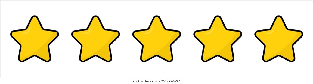 Five gold star rating. Satisfaction Rating and Leaving Positive Review. Online feedback reputation quality customer review. Review and rate us stars, business concept for apps and websites. Rate us