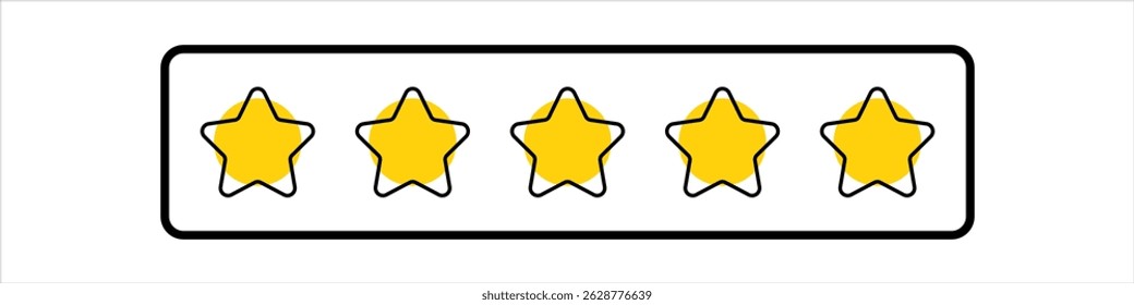 Five gold star rating. Satisfaction Rating and Leaving Positive Review. Online feedback reputation quality customer review. Review and rate us stars, business concept for apps and websites. Rate us