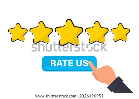 Five gold star rating. Satisfaction Rating and Leaving Positive Review. Online feedback reputation quality customer review. Review and rate us stars, business concept for apps and websites. Rate us