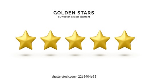 Five gold stars. 3D stars rating yellow colors. Customer rating feedback concept from client about employee of website. Mobile application icon. Vector illustration