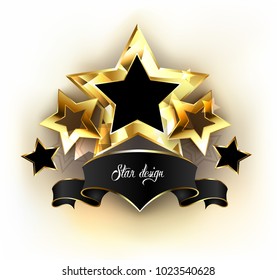 Five Gold Stars With  Black Velvet Ribbon On White Background.
