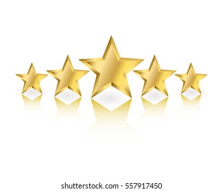 Five gold stars in different sizes with reflection on white background
