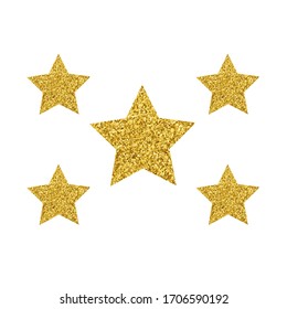 Five gold stars with a glitter texture in the star with different size, one big star and four small stars.