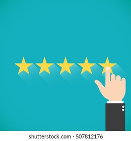 Five gold stars with hand Vector illustration. Finger presses the star. Assessment for web sites