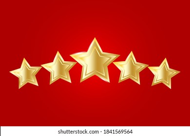 Five gold stars on a red background. Vector badge of awards for the winner. Top product or hotel symbol. Stock image.