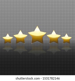 Five gold stars on a transparent background, with reflection. Vector.