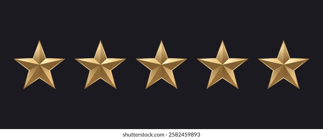 Five gold stars. Five stars product rating, reviews and services Vector illustration 3d stars. Isolated on dark background