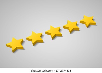 Five gold stars of ranking are over gray background. Concept of very good client reviews, positive customer feedback, very high user rating