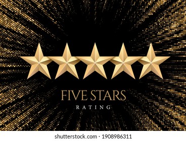 Five gold Stars. Rating or quality symbol. Against the backdrop of a stylish flash of gold sparkling from the center on a black background. Poster template.Vector illustration