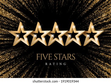 Five gold Stars. Rating or quality symbol. Against the backdrop of a stylish flash of gold sparkling from the center on a black background. Poster template.Vector illustration