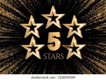 Five gold Stars. Rating or quality symbol. Against the backdrop of a stylish flash of gold sparkling from the center on a black background. Poster template.Vector illustration