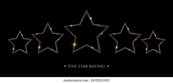 Five gold stars of the rating. Vector illustration of a star frame on a black background. 5 stars service quality icon for restaurant, hotel, casino, award