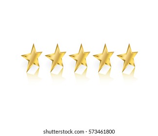 Five gold stars turned sideways with reflection on white background
