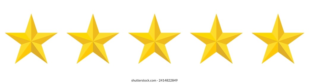 Five gold Stars.Five stars rating icon. Five stars customer product rating review icon for apps and websites, mobile applications. Premium quality concept. Golden stars. 3d Vector