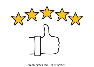 five gold or yellow stars customer review, quality rating, feedback icon doodle hand drawn. Outline line drawing clipart symbol. Vector illustration