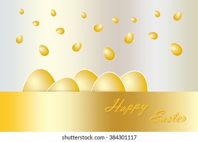 Five golden eggs with white borders are lying behind the golden rectangle with golden inscription Happy Easter in the lower part of the vector. Another golden eggs are falling from the top. 