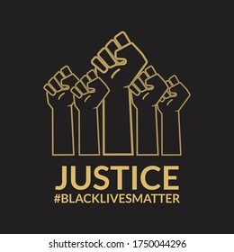 Five Golden Hand Rising with Justice Word For Black Lives Matter Vector Design
