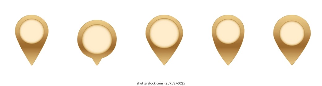 Five golden map pins are aligned, representing stylish navigation icons for map location purposes.