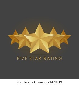 Five golden rating star vector illustration in gray black background.