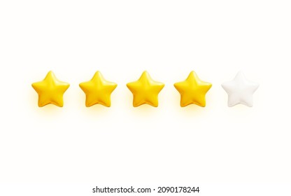 Five golden rating stars. Glossy yellow star shapes. Customer feedback or customer review concept. Realistic 3D vector illustration