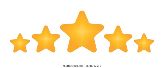 Five golden rating stars with glossy gradient design, center star larger than others, customer review symbol, rating feedback icon, transparent vector background, high quality satisfaction concept