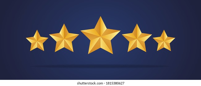 Five golden realistic stars.  Vector golden 3d isolated five stars on dark blue background. Customer feedback concept. Vector 5 stars rating review. Quality shape design. EPS 10