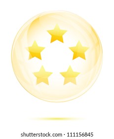Five golden star in the glass sphere isolated on white