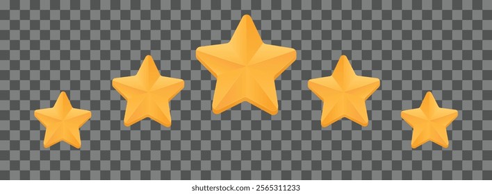 Five golden stars arranged in ascending order on a transparent background showcasing excellence and ratings. Vector illustration.