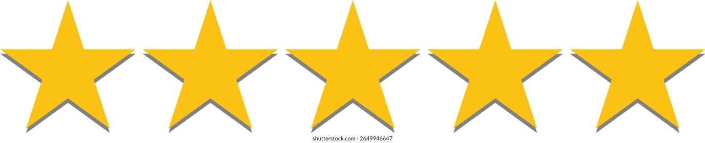 Five golden stars are arranged horizontally, each with a slight grey shadow, indicating a perfect score or excellent quality. The image is clean and isolated on a white background.