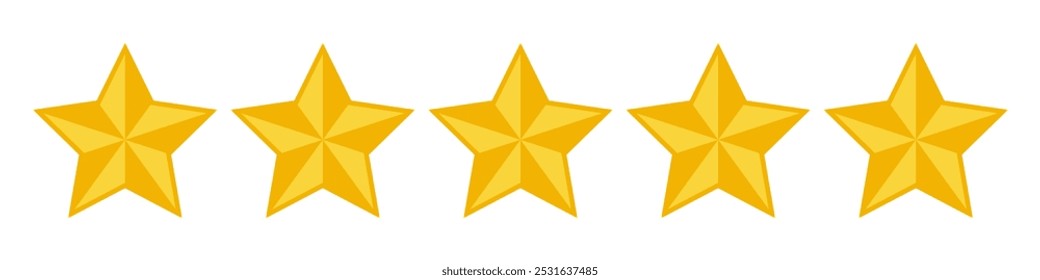 Five golden stars graphic icon. Rank or voting rating sign isolated on white background. Symbol for evaluating the quality of a product or service. Vector illustration