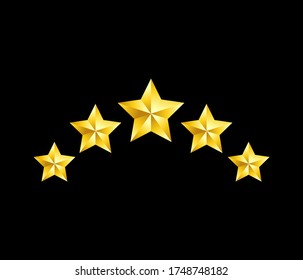 Five golden stars.  Hotel quality rating, Luxury quality. 3D illustration.