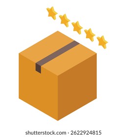 Five golden stars hover above a sealed cardboard box, symbolizing a top notch online shopping experience and customer satisfaction